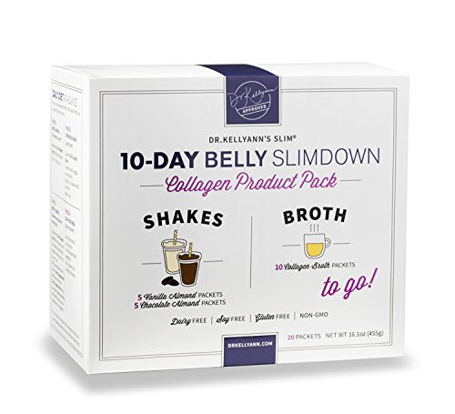 10-Day Belly Slimdown Bone Broth Collagen Pack by Dr. Kellyann - 10 Bone Broth Packets, 5 Keto Chocolate Almond & 5 Keto Vanilla Almond Protein Shakes - Weight loss, Keto, Paleo Diets (20 Servings)