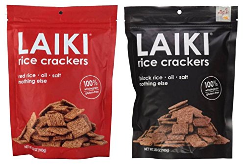 Laiki Gluten Free Non-GMO Rice Crackers 2 Flavor Variety Bundle: (1) Red Rice Crackers, and (1) Black Rice Crackers, 3.53 Oz Ea (2 Bags)