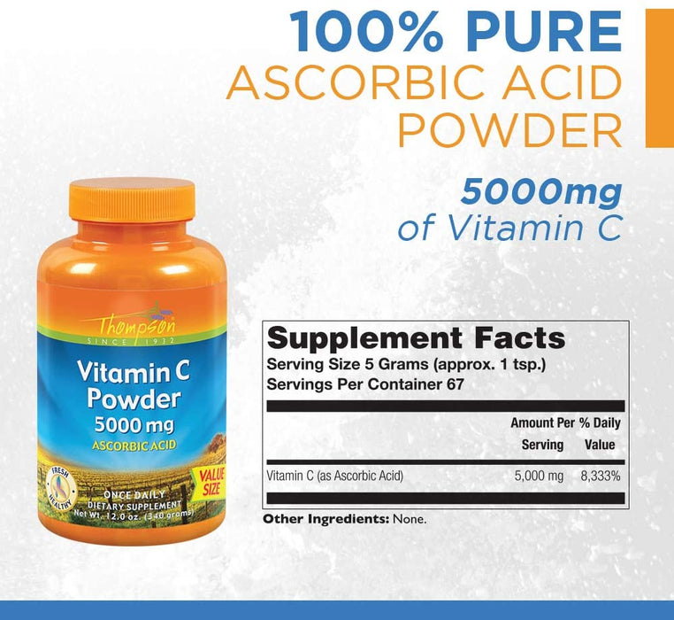 Thompson Vitamin C Powder | 5000mg | 100% Pure Ascorbic Acid | Immune Support & Antioxidant Supplement