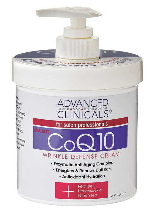 Advanced Clinicals CoQ10 Wrinkle Defense Cream with Peptides, Honeysuckle, and Green Tea. Anti-wrinkle cream moisturizes dry, aging skin for a more radiant look. For face, hands, and body. 16oz