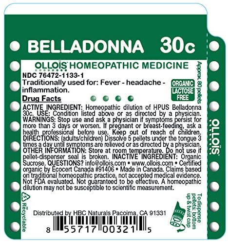 OLLOIS Organic Lactose-Free Homeopathic Medicines, Belladonna 30C Pellets, 80Count for Fever, Headache, Inflammation