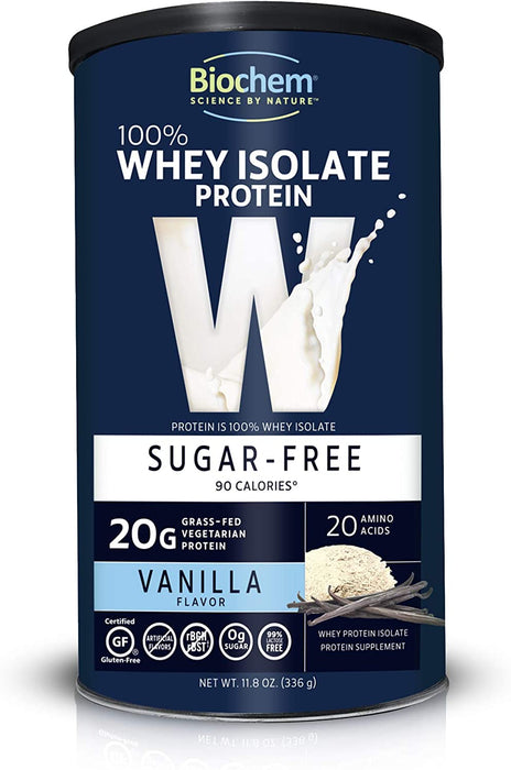 Biochem 100% Whey Isolate Protein - 11.8 oz - Sugar Free Vanilla - 20g Vegetarian Protein - Keto-Friendly - Amino Acids - Invigorating Taste - Easily Digestible