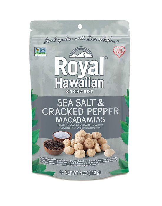 Royal Hawaiian Orchards Sea Salt and Cracked Pepper Macadamias Nuts, 4 Ounce - 6 per case.