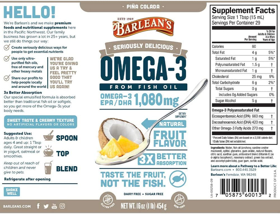 Barlean’s Seriously Delicious Omega-3 Fish Oil, Piña Colada, 16-oz
