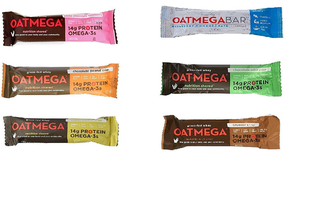Oatmega Nutrition Bars Variety 12 Pack, 6 Different Flavors, Pack of 12 ( 2 bars of each ), Clear