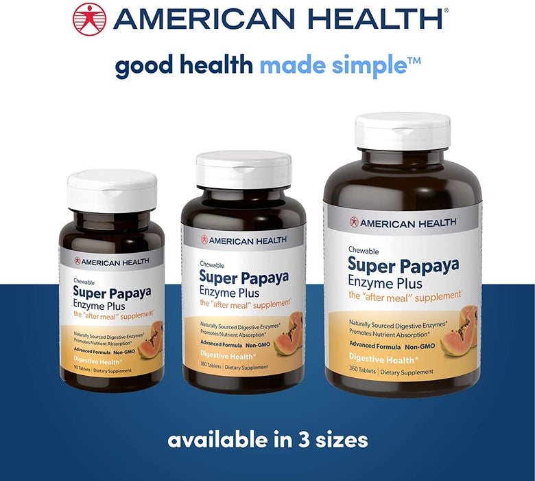 American Health Super Papaya Enzyme Plus Chewable Tablets, Natural Papaya Flavor - Promotes Digestion & Nutrient Absorption, Contains Papain & Other Enzymes - 360 Count, 120 Total Servings