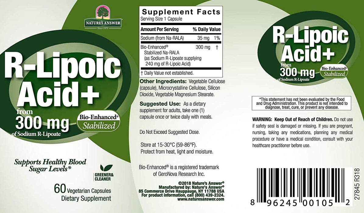 Genceutic Naturals R-Lipoic Acid Dietary Supplement Vegetarian Vegan Gluten Free Non GMO Ideal for Glucose Insulin Blood Level Maintain - 300mg (60 Capsules)