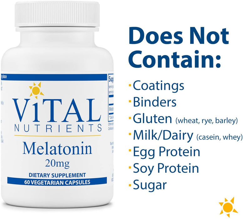 Vital Nutrients - Melatonin - Supports The Body's Natural Sleep Cycle - 60 Capsules per Bottle - 20 mg