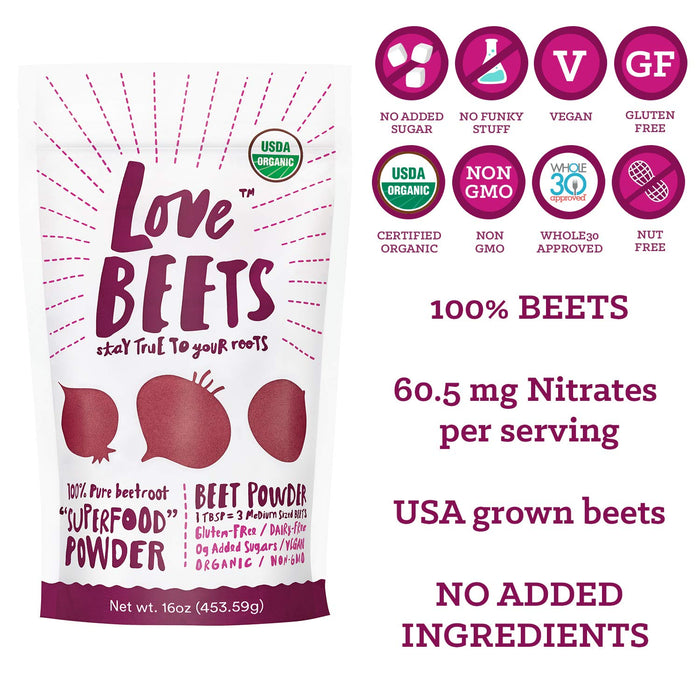 Love Beets Organic Beet Powder | USA Grown Beets, No Added Ingredients, Nitric Oxide Boosting, Certified USDA Organic, No Added Sugar, No Preservatives, Non-GMO, 1 Lb, 90 Servings