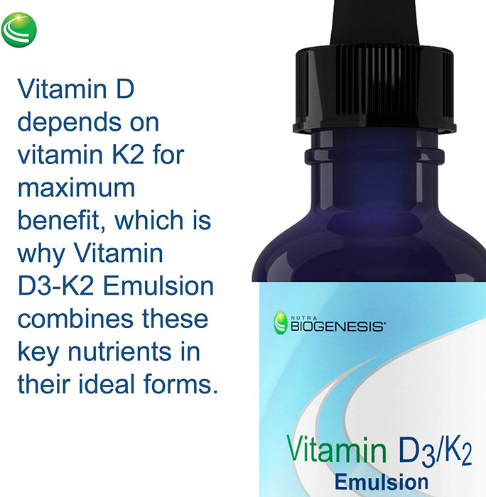Nutra BioGenesis - Vitamin D3-K2 Emulsion - Liquid Vitamin D and Vitamin K to Help Support Bone and Heart Health - 1 Ounce