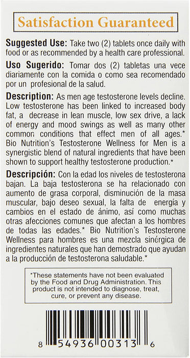 Bio Nutrition Testosterone Wellness, 60 Tabs, 60 Count