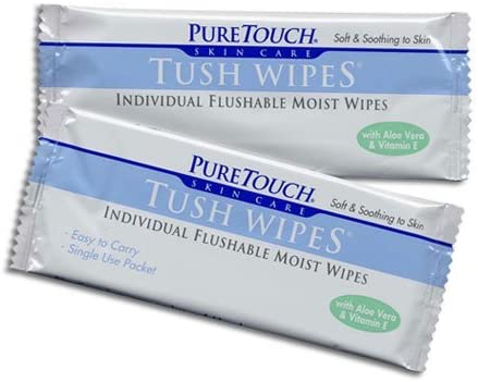 PureTouch Tush Wipes for adults Individual Flushable Moist Wipes BULK 350 Single-Use-Packets