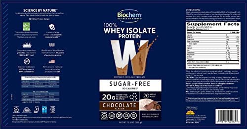 Biochem 100% Whey Isolate Protein - Sugar Free Chocolate - 24.6 oz - Pre & Post Workout - Meal Replacement - Keto-Friendly - 20g of Protein - Easily Digestible - Easy to Mix