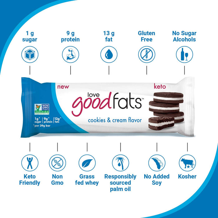 Love Good Fats, Snack Bar Cookies Cream 12 Count, 16.56 Ounce