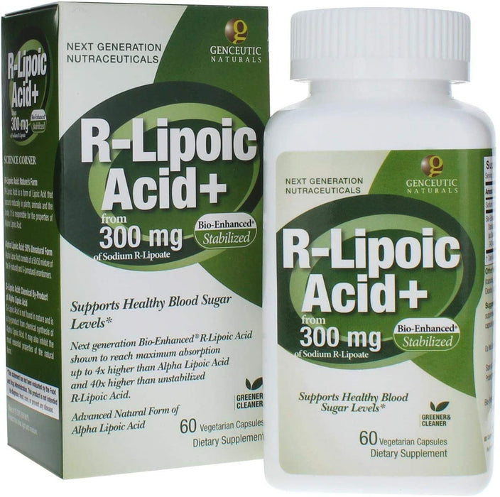 Genceutic Naturals R-Lipoic Acid Dietary Supplement Vegetarian Vegan Gluten Free Non GMO Ideal for Glucose Insulin Blood Level Maintain - 300mg (60 Capsules)