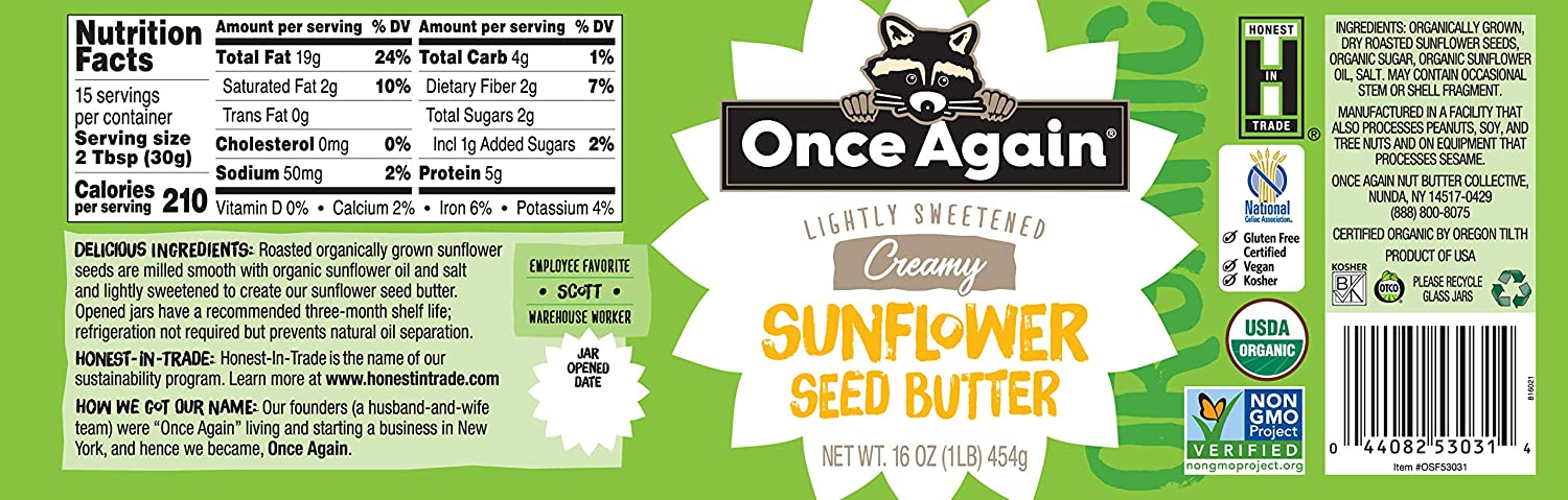 Once Again Organic, Creamy Sunflower Butter - Peanut Free, Lightly Sweetened & Salted - 16 oz Jar