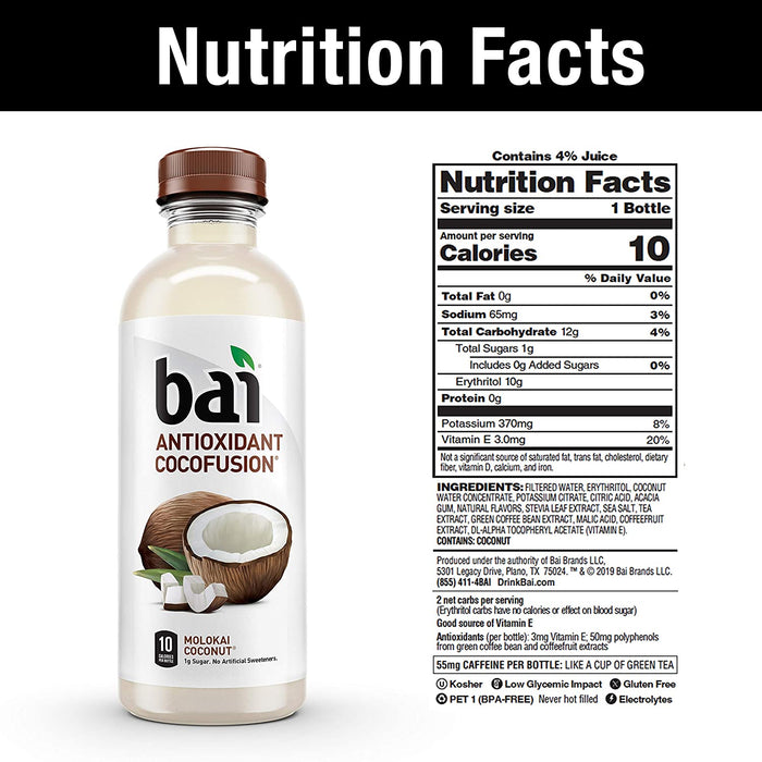 Bai Cocofusions Molokai Coconut, Antioxidant Infused Beverage, 18 Fl. Oz. Bottles (Pack of 12)