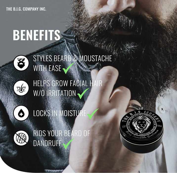 Beard Balm Leave-in Conditioner with Natural Bees Wax, Jojoba & Argan Oil - Styles, Softens, Strengthens & Thickens for Healthier Beard Growth & Mustache - 2 oz - The B.I.G. Company